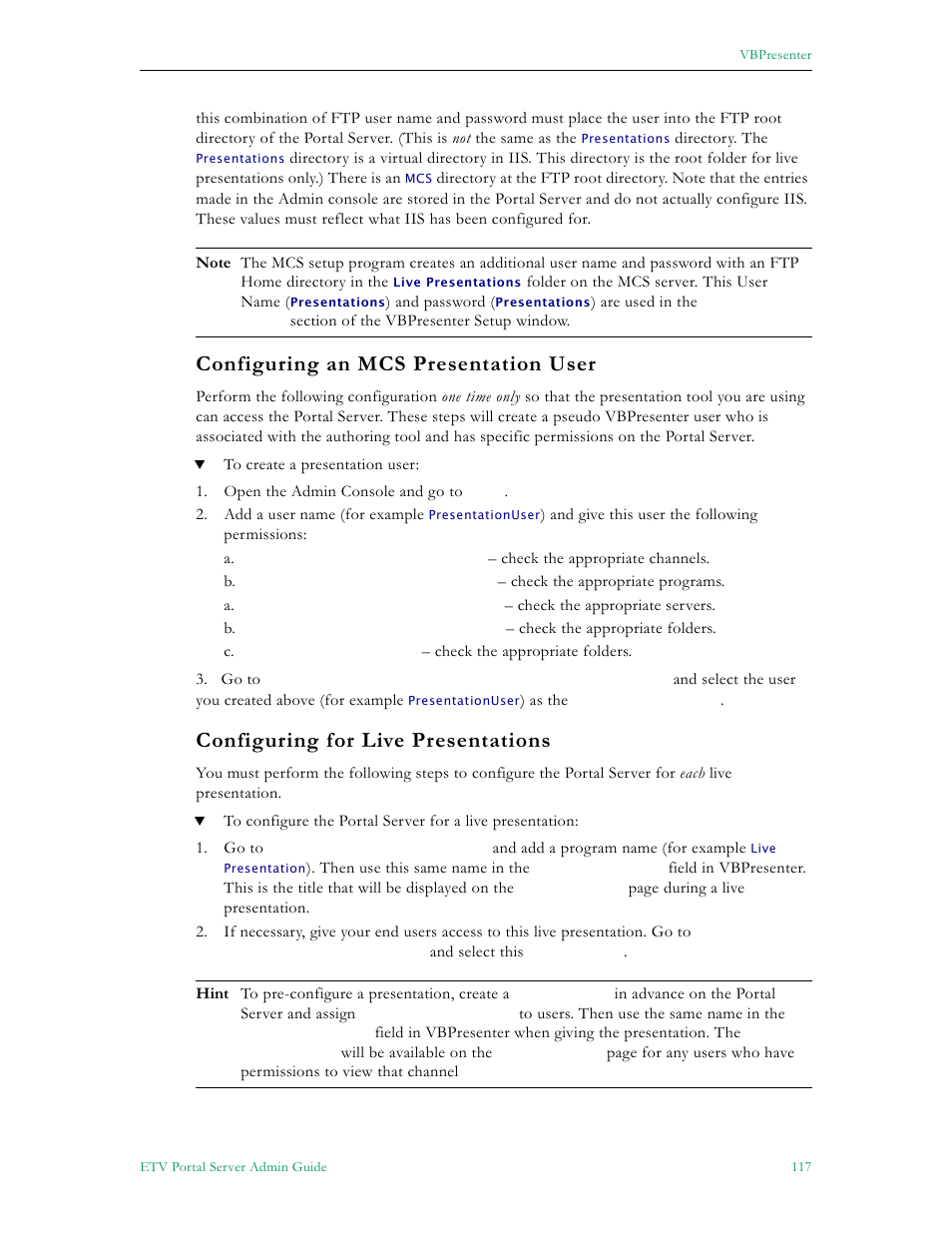 Configuring an mcs presentation user, Configuring for live presentations | VBrick Systems Portal Server ETV v4.2.1 User Manual | Page 129 / 180