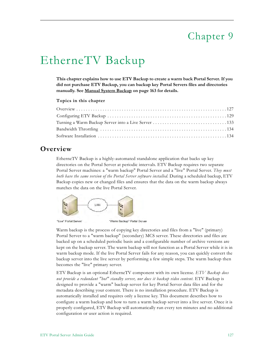 Ethernetv backup, Overview, Chapter 9 | VBrick Systems Portal Server ETV v4.2.1 User Manual | Page 139 / 180