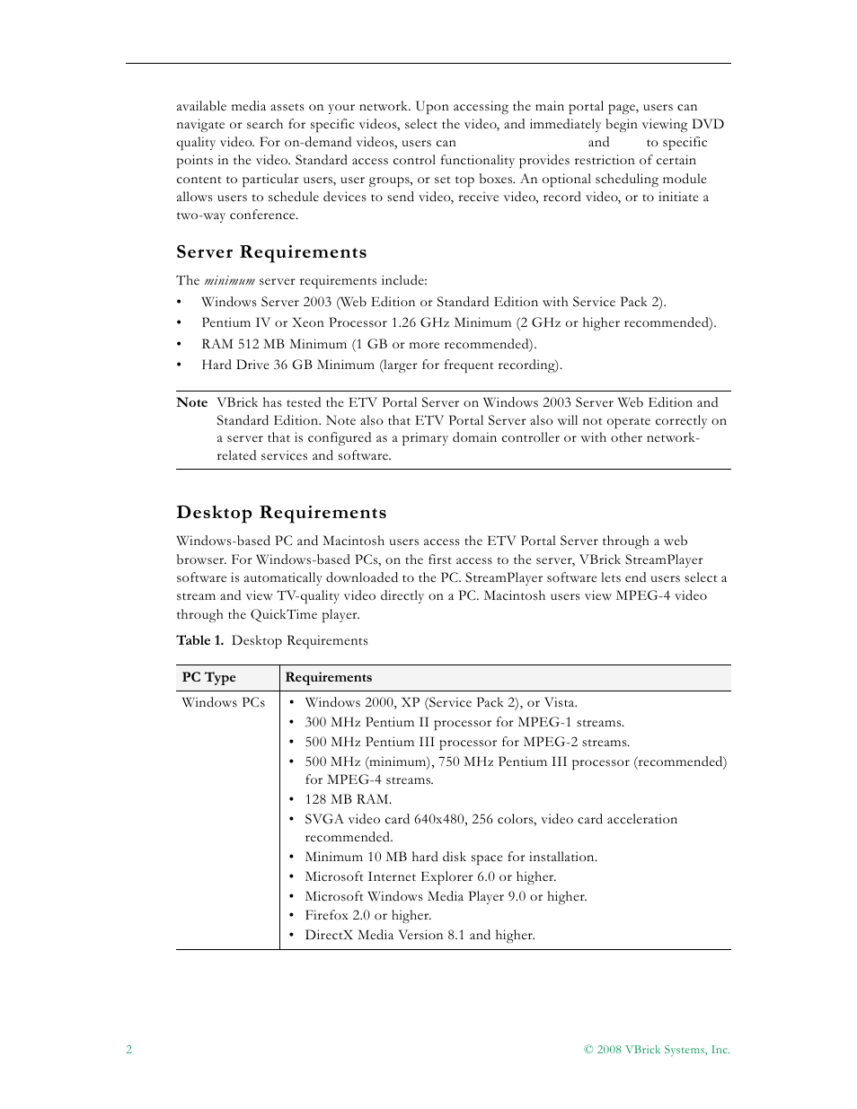 Server requirements desktop requirements, Server requirements, Desktop requirements | VBrick Systems Portal Server ETV v4.2.1 User Manual | Page 14 / 180