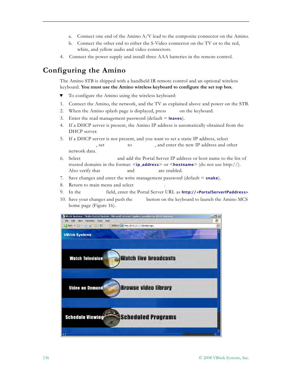 Configuring the amino | VBrick Systems Portal Server ETV v4.2.1 User Manual | Page 148 / 180