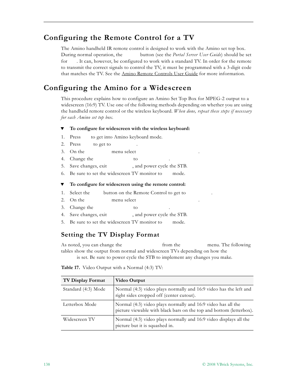 Setting the tv display format, Configuring the remote control for a tv, 138 configuring the amino for a widescreen | Configuring the amino for a widescreen | VBrick Systems Portal Server ETV v4.2.1 User Manual | Page 150 / 180