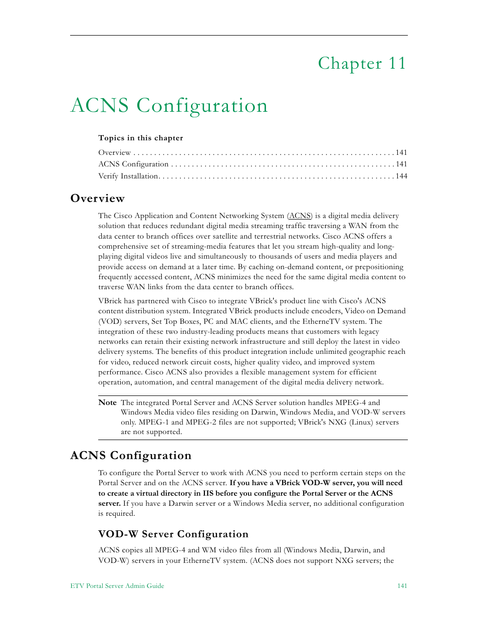 Acns configuration, Overview acns configuration, Vod-w server configuration | Chapter 11, Overview | VBrick Systems Portal Server ETV v4.2.1 User Manual | Page 153 / 180