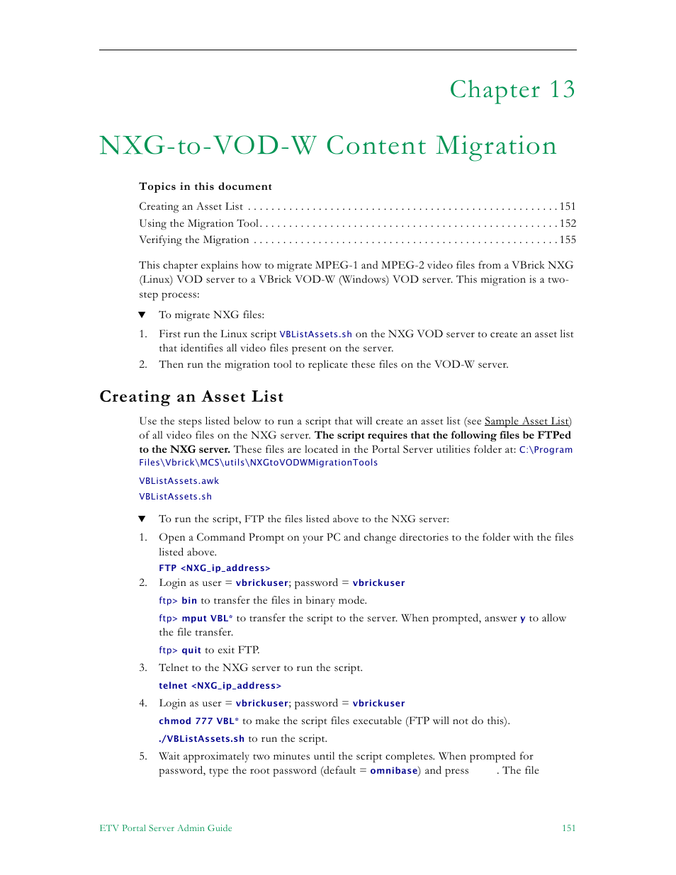 Nxg-to-vod-w content migration, Creating an asset list, Nxg-to-vod- w content migration | Chapter 13 | VBrick Systems Portal Server ETV v4.2.1 User Manual | Page 163 / 180
