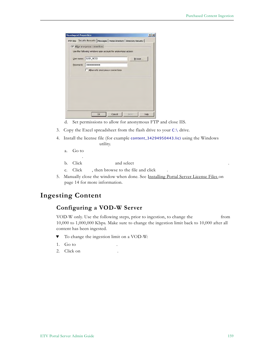 Ingesting content, Configuring a vod-w server | VBrick Systems Portal Server ETV v4.2.1 User Manual | Page 171 / 180