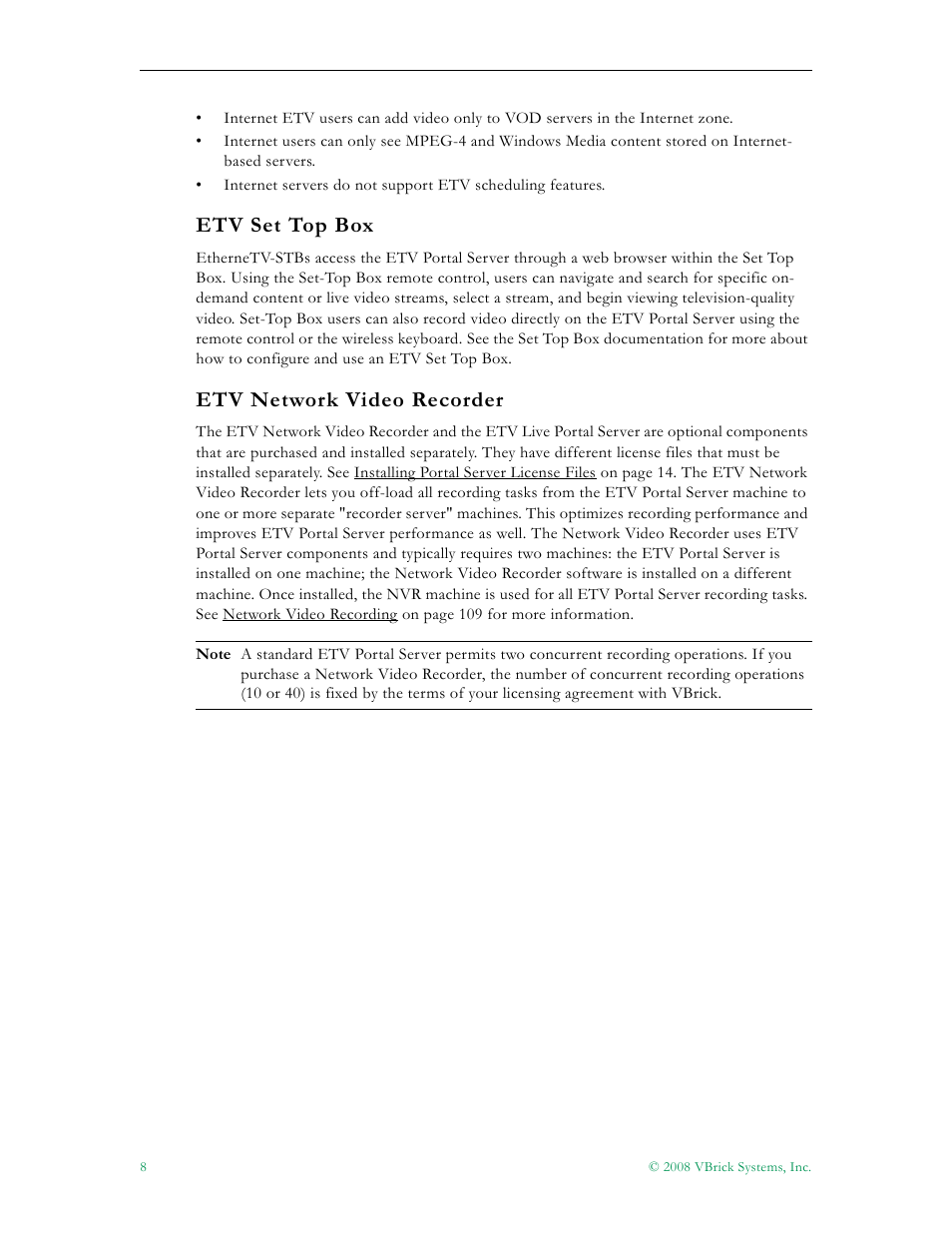 Etv set top box etv network video recorder, Etv set top box, Etv network video recorder | VBrick Systems Portal Server ETV v4.2.1 User Manual | Page 20 / 180