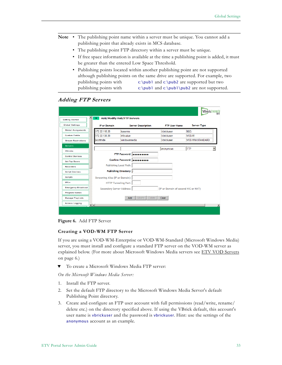 Adding ftp servers | VBrick Systems Portal Server ETV v4.2.1 User Manual | Page 45 / 180