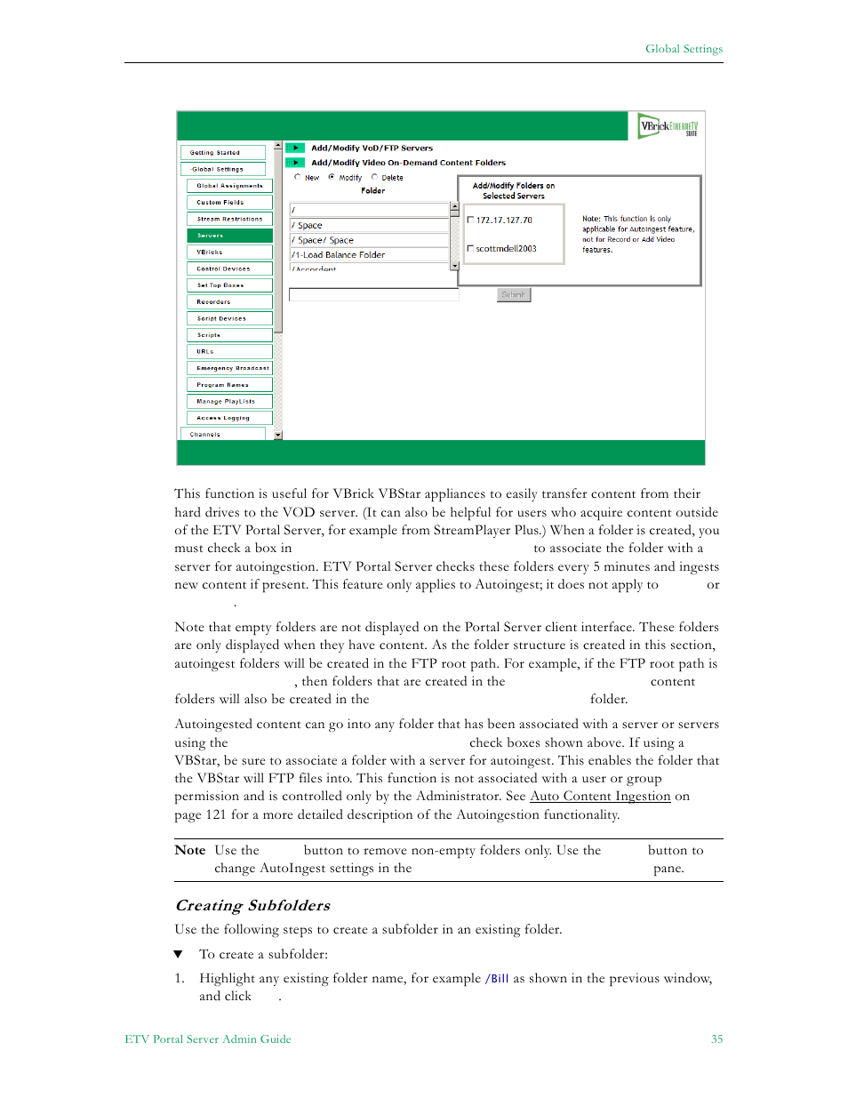 Creating subfolders | VBrick Systems Portal Server ETV v4.2.1 User Manual | Page 47 / 180