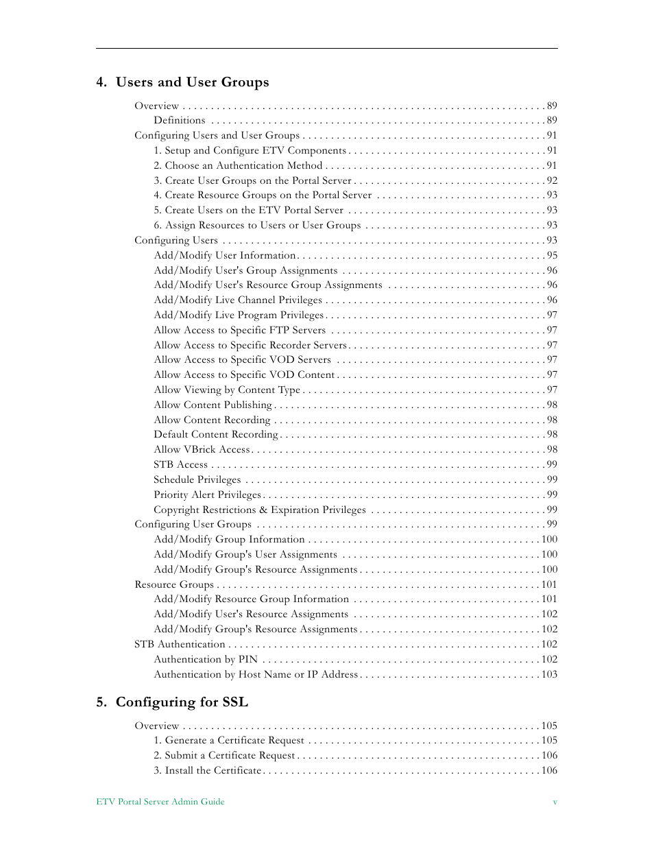 Users and user groups, Configuring for ssl | VBrick Systems Portal Server ETV v4.2.1 User Manual | Page 5 / 180