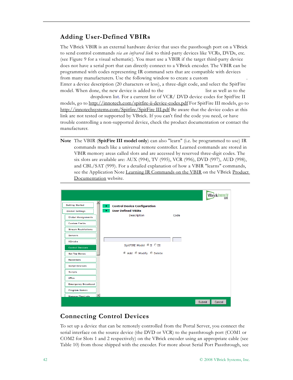 Adding user-defined vbirs, Connecting control devices | VBrick Systems Portal Server ETV v4.2.1 User Manual | Page 54 / 180