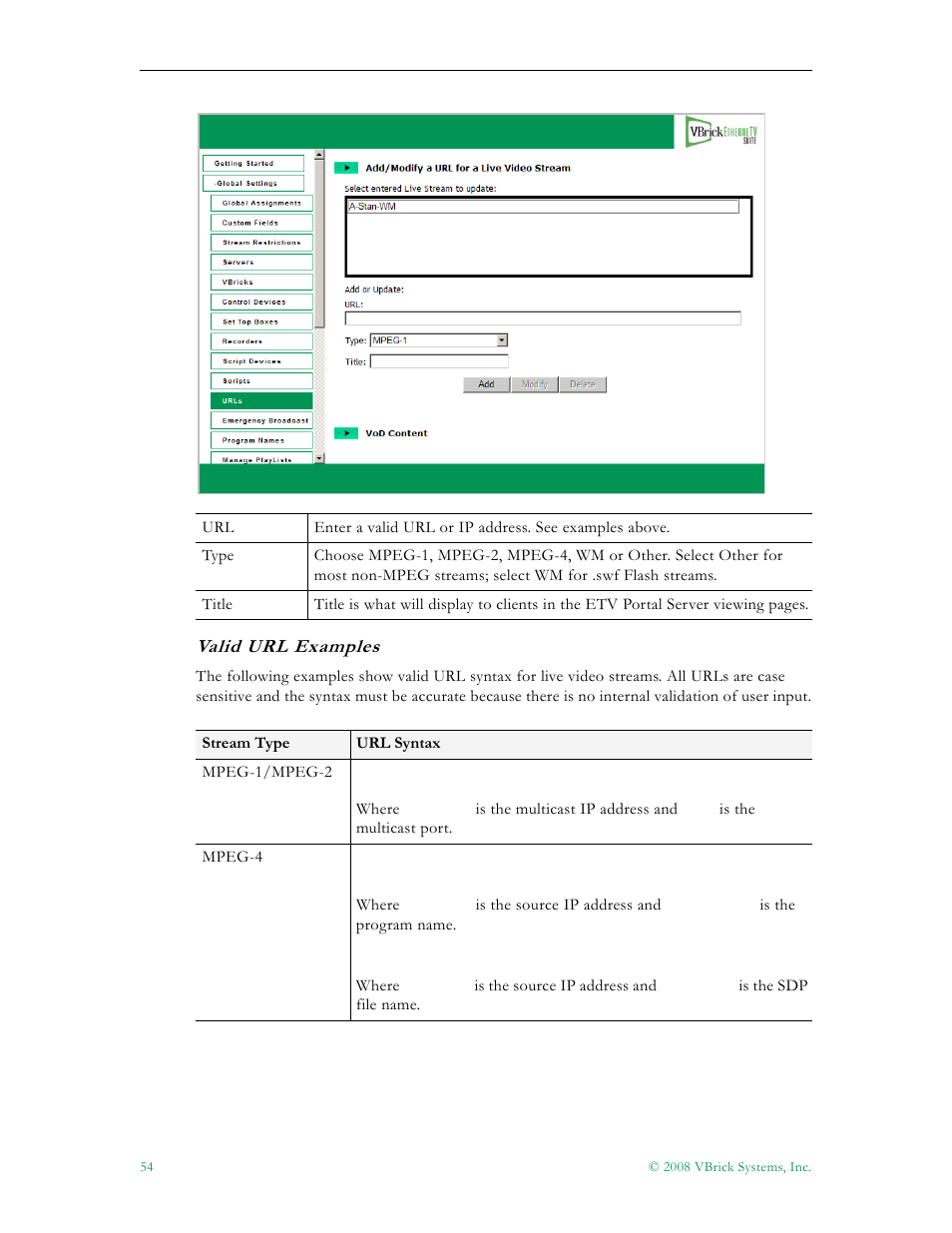 Valid url examples | VBrick Systems Portal Server ETV v4.2.1 User Manual | Page 66 / 180