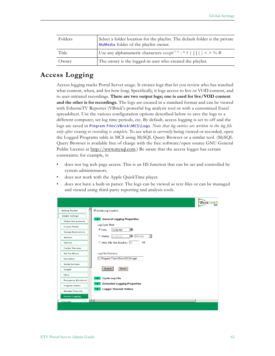 Access logging | VBrick Systems Portal Server ETV v4.2.1 User Manual | Page 75 / 180