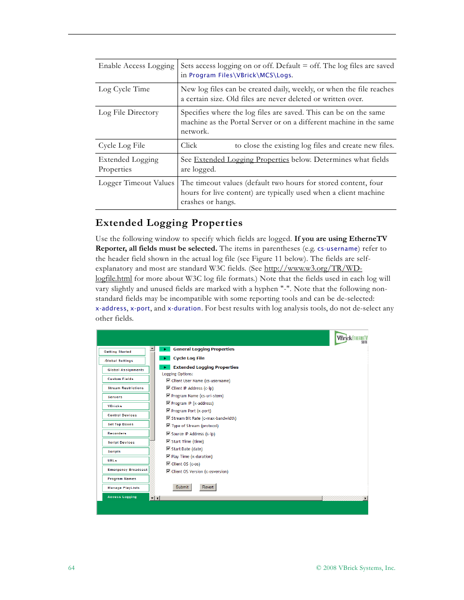 Extended logging properties | VBrick Systems Portal Server ETV v4.2.1 User Manual | Page 76 / 180