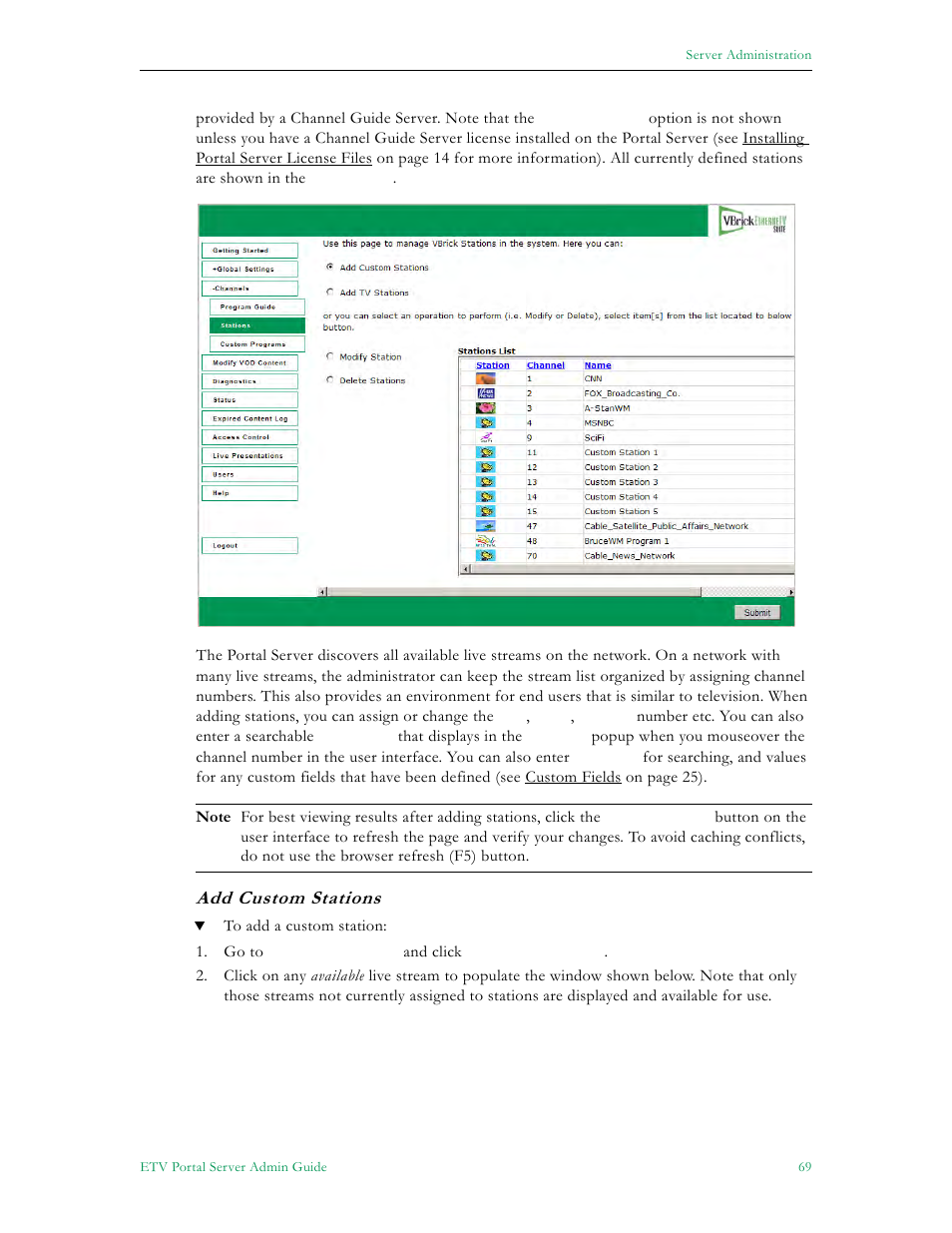 Add custom stations | VBrick Systems Portal Server ETV v4.2.1 User Manual | Page 81 / 180
