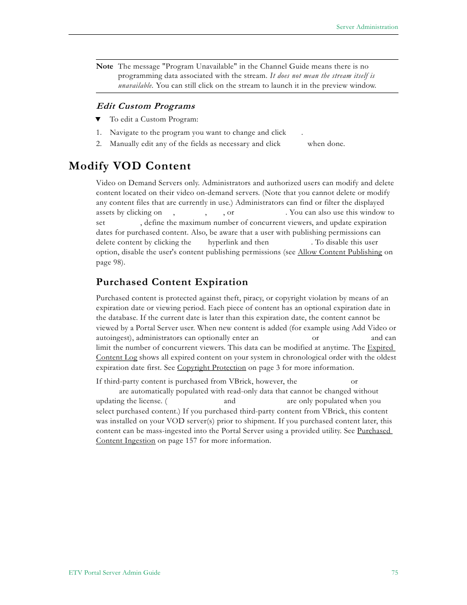 Modify vod content, Purchased content expiration, He modify vod content pa | Edit custom programs | VBrick Systems Portal Server ETV v4.2.1 User Manual | Page 87 / 180