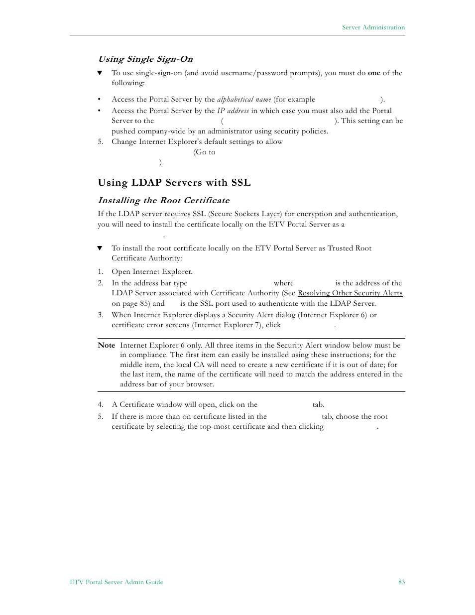 Using ldap servers with ssl, Using single sign-on, Installing the root certificate | VBrick Systems Portal Server ETV v4.2.1 User Manual | Page 95 / 180