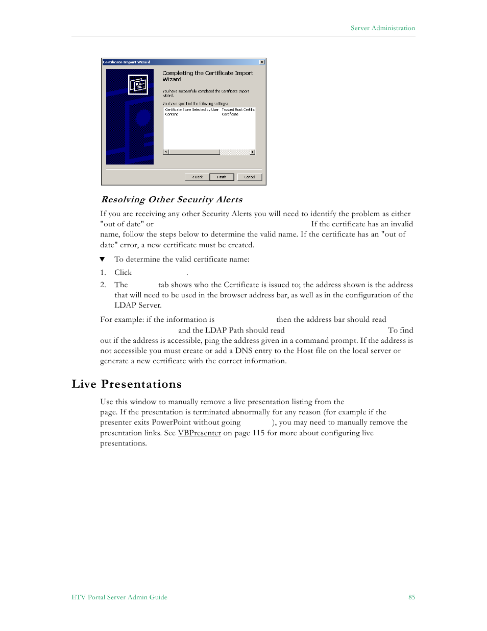 Live presentations, Resolving other security alerts | VBrick Systems Portal Server ETV v4.2.1 User Manual | Page 97 / 180