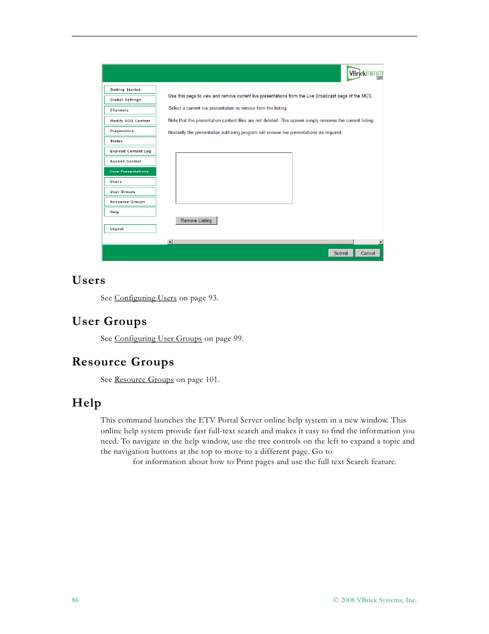 Users user groups resource groups help, Users, 86 user groups | 86 resource groups, 86 help, User groups, Resource groups, Help | VBrick Systems Portal Server ETV v4.2.1 User Manual | Page 98 / 180