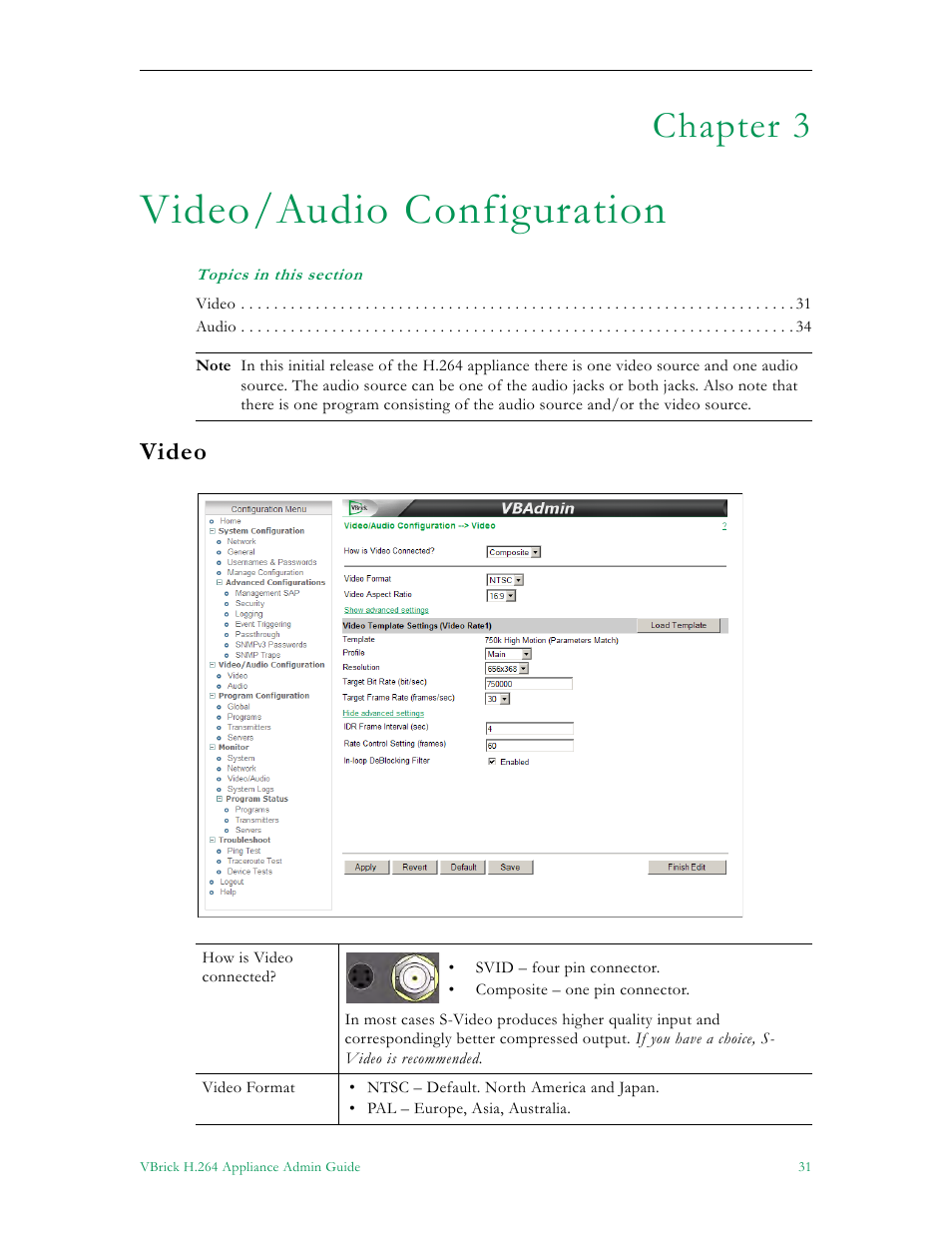 Video/audio configuration, Video, Chapter 3 | VBrick Systems 7000 User Manual | Page 37 / 76