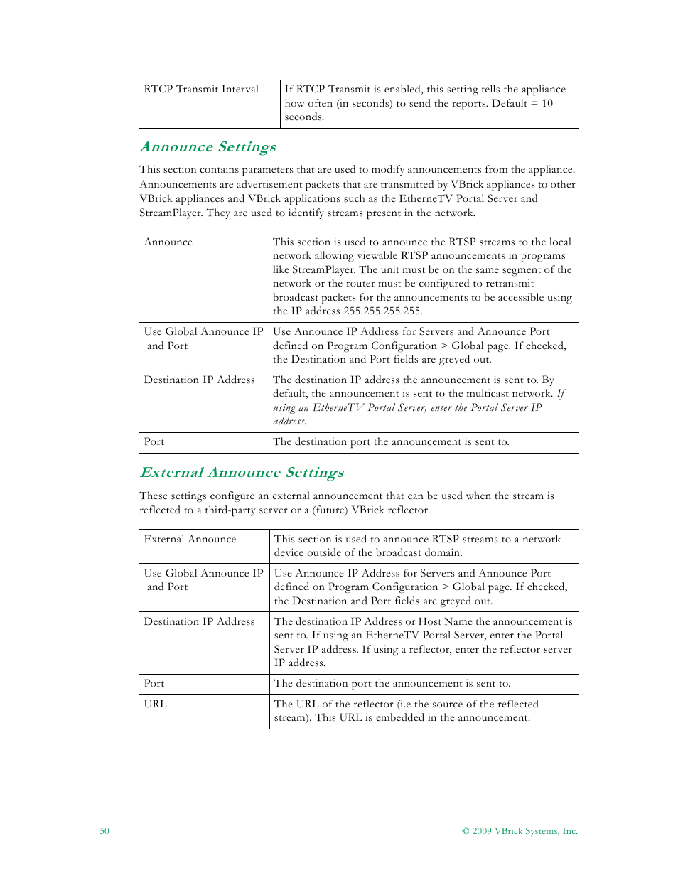 Announce settings external announce settings, Announce settings, External announce settings | VBrick Systems 7000 User Manual | Page 56 / 76