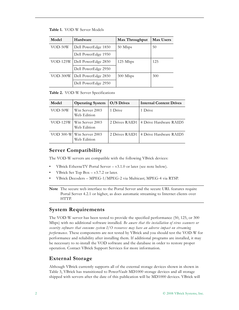 Server compatibility, System requirements, External storage | VBrick Systems VOD-W Server VBrick v4.2.1 User Manual | Page 10 / 94