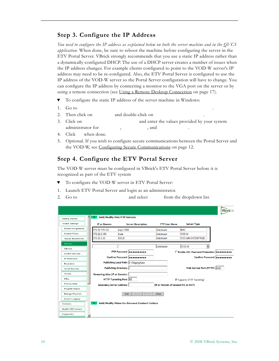 Step 3. configure the ip address, 10 step 4. configure the etv portal server, Step 4. configure the etv portal server | VBrick Systems VOD-W Server VBrick v4.2.1 User Manual | Page 18 / 94