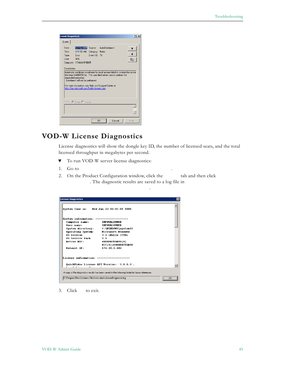 Vod-w license diagnostics | VBrick Systems VOD-W Server VBrick v4.2.1 User Manual | Page 53 / 94