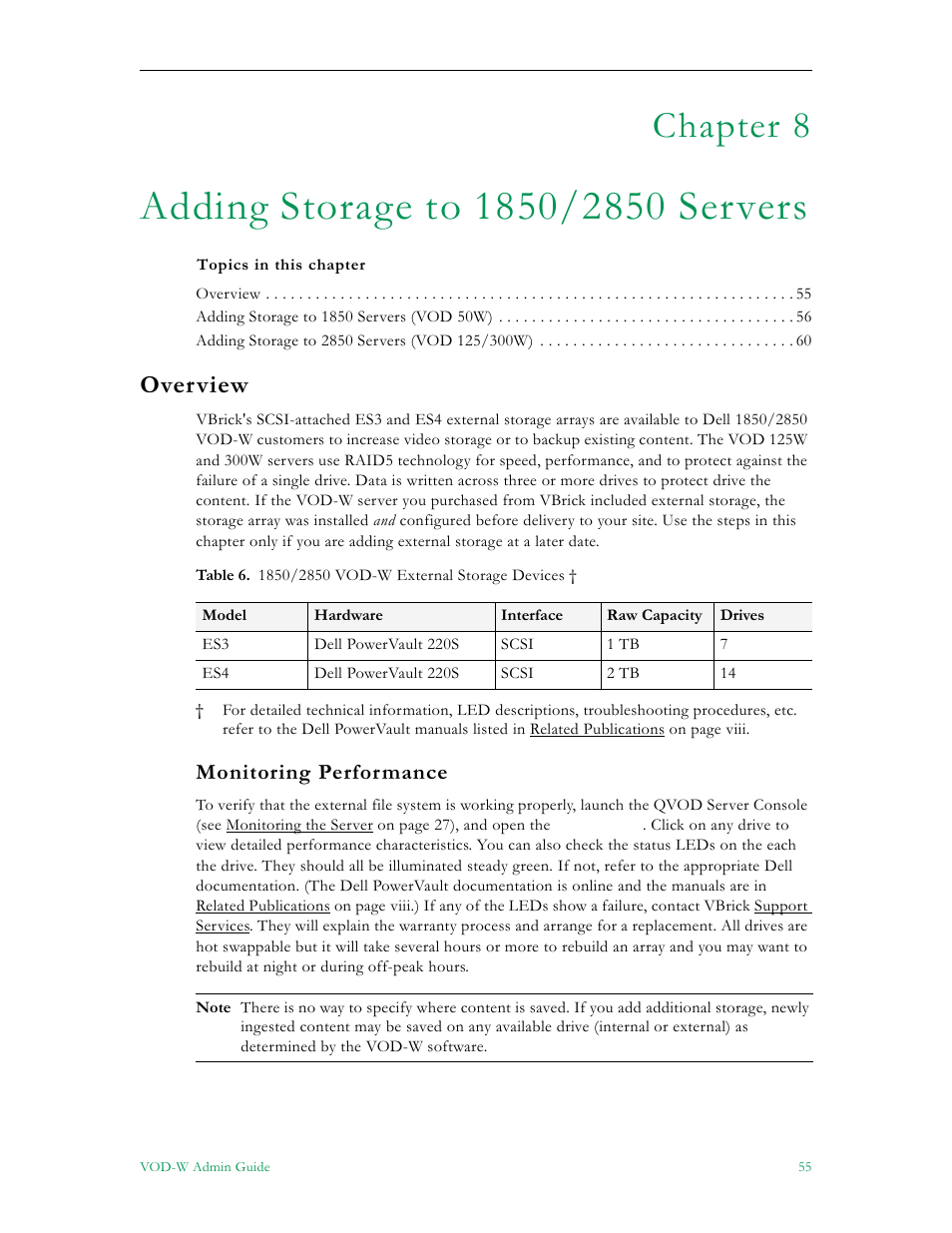 Adding storage to 1850/2850 servers, Overview, Monitoring performance | Adding storage to 1850/ 2850 servers, Chapter 8 | VBrick Systems VOD-W Server VBrick v4.2.1 User Manual | Page 63 / 94