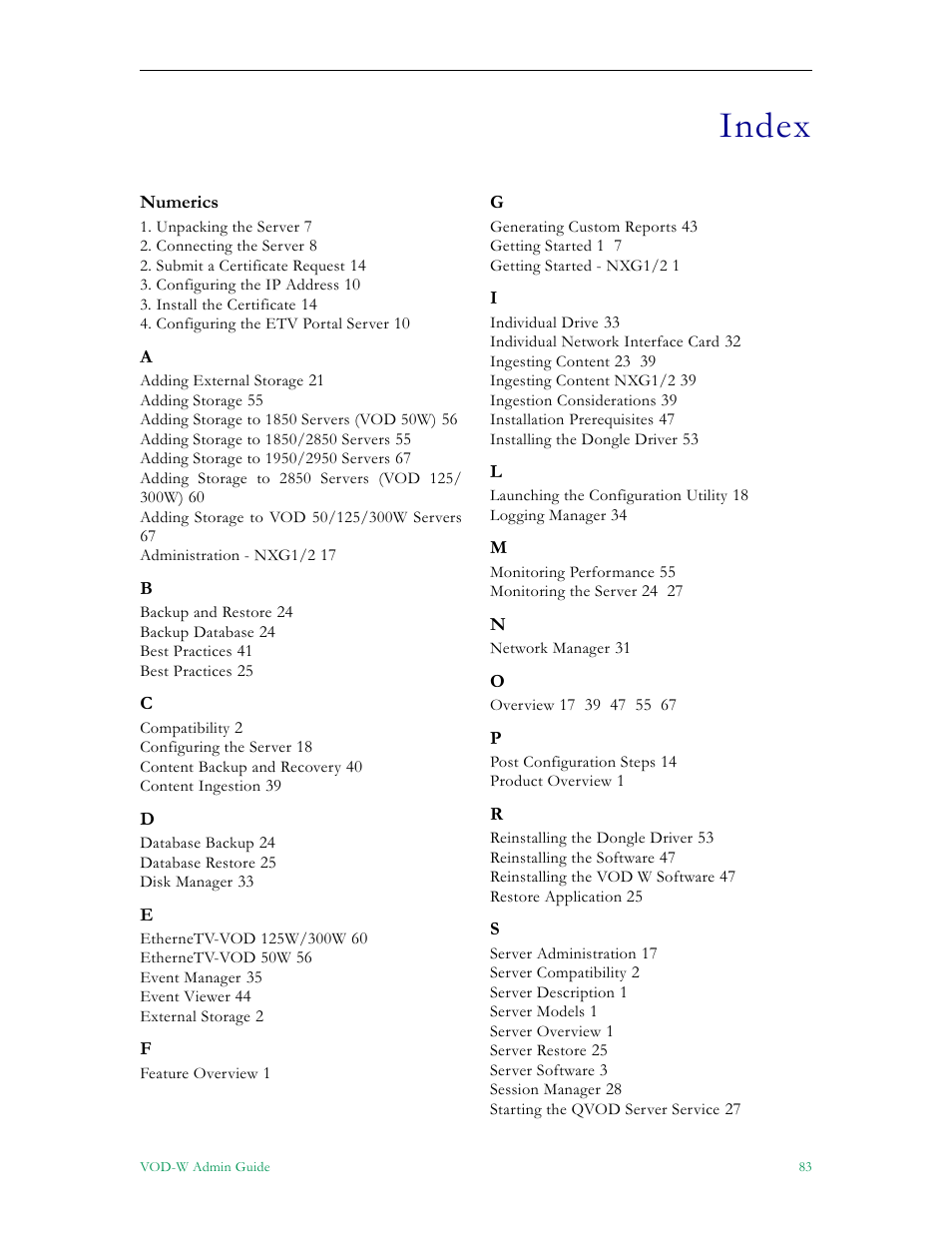 Index | VBrick Systems VOD-W Server VBrick v4.2.1 User Manual | Page 91 / 94