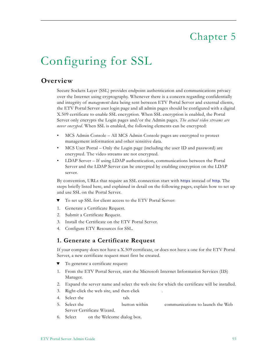 Configuring for ssl, Overview, Generate a certificate request | Chapter 5 | VBrick Systems Portal Server ETV v4.1 User Manual | Page 103 / 140