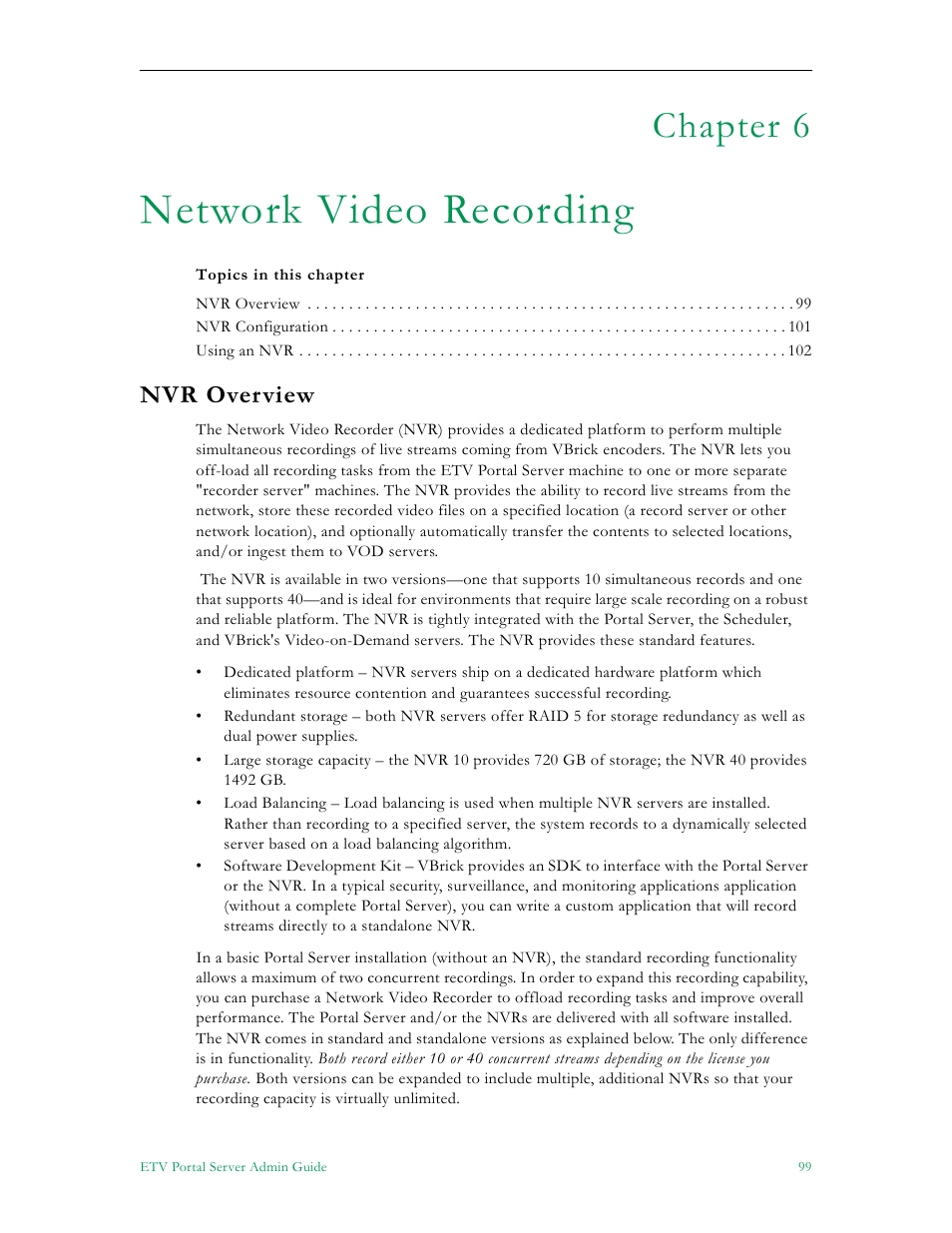 Network video recording, Nvr overview, Chapter 6 | VBrick Systems Portal Server ETV v4.1 User Manual | Page 109 / 140