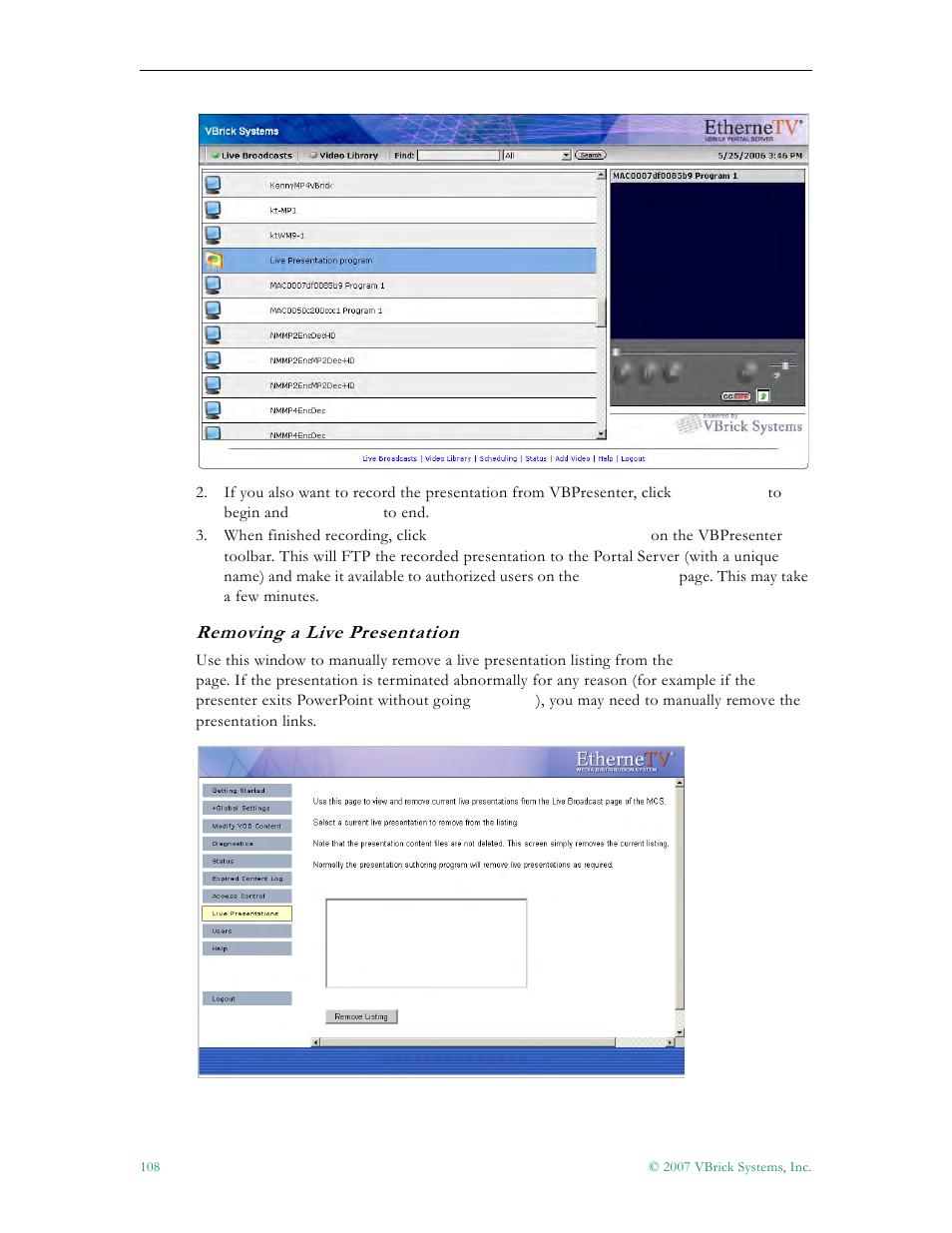 Removing a live presentation | VBrick Systems Portal Server ETV v4.1 User Manual | Page 118 / 140