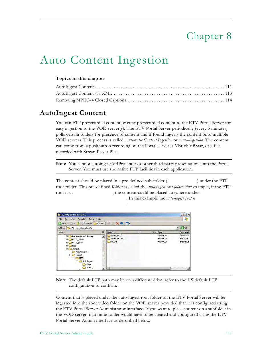 Auto content ingestion, Autoingest content, Chapter 8 | VBrick Systems Portal Server ETV v4.1 User Manual | Page 121 / 140