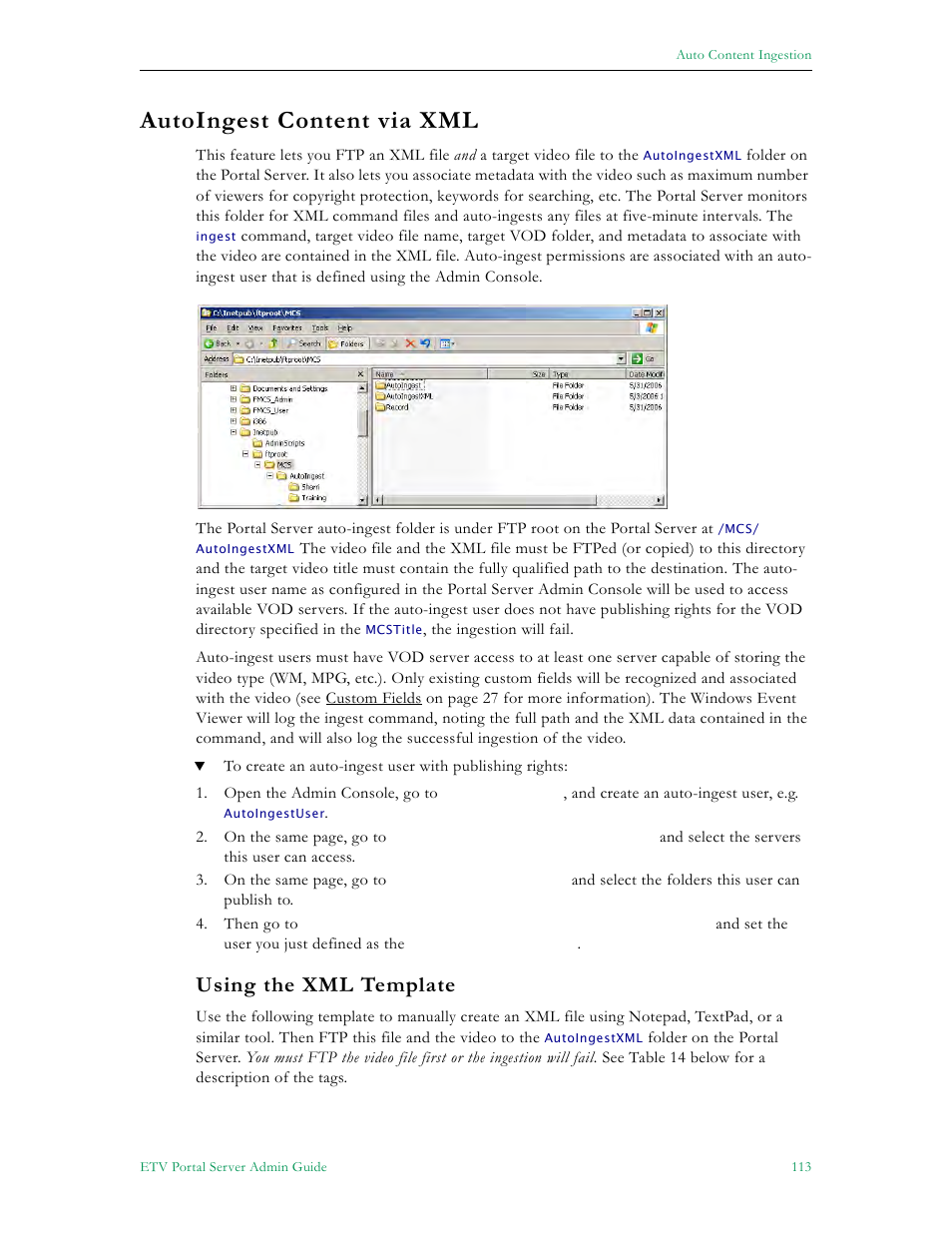 Autoingest content via xml, Using the xml template | VBrick Systems Portal Server ETV v4.1 User Manual | Page 123 / 140