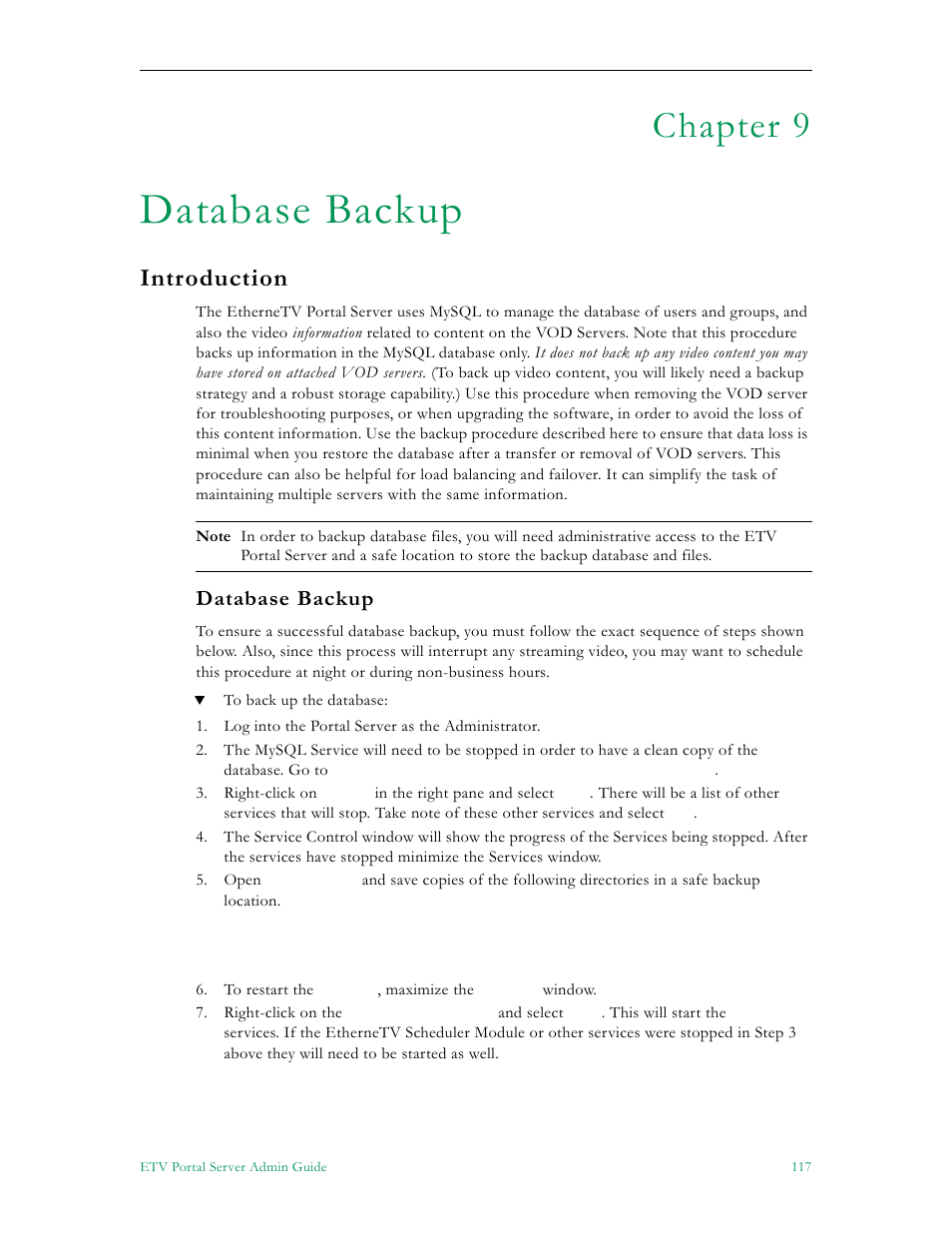 Database backup, Introduction, Chapter 9 | VBrick Systems Portal Server ETV v4.1 User Manual | Page 127 / 140