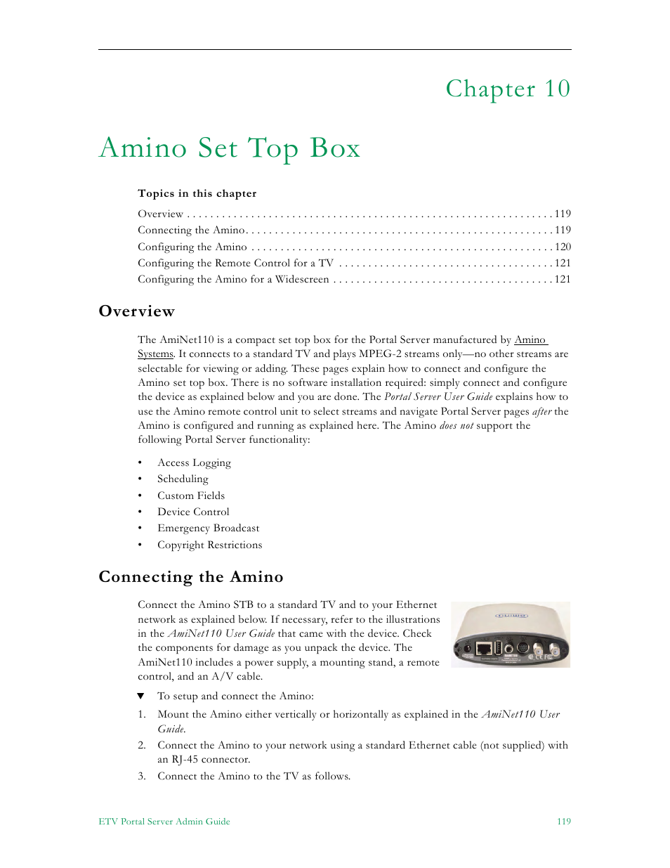 Amino set top box, Overview connecting the amino, Chapter 10 | Overview, Connecting the amino | VBrick Systems Portal Server ETV v4.1 User Manual | Page 129 / 140