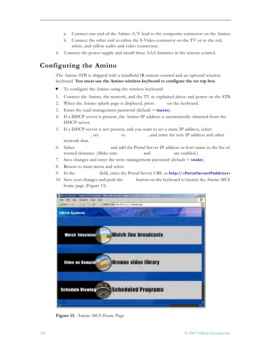 Configuring the amino | VBrick Systems Portal Server ETV v4.1 User Manual | Page 130 / 140