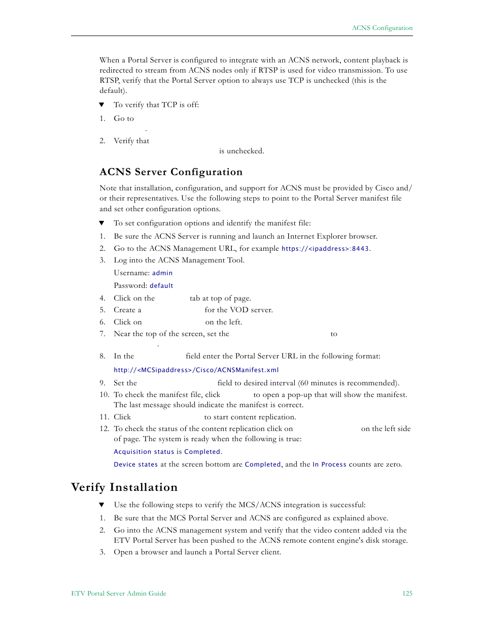Acns server configuration, Verify installation | VBrick Systems Portal Server ETV v4.1 User Manual | Page 135 / 140
