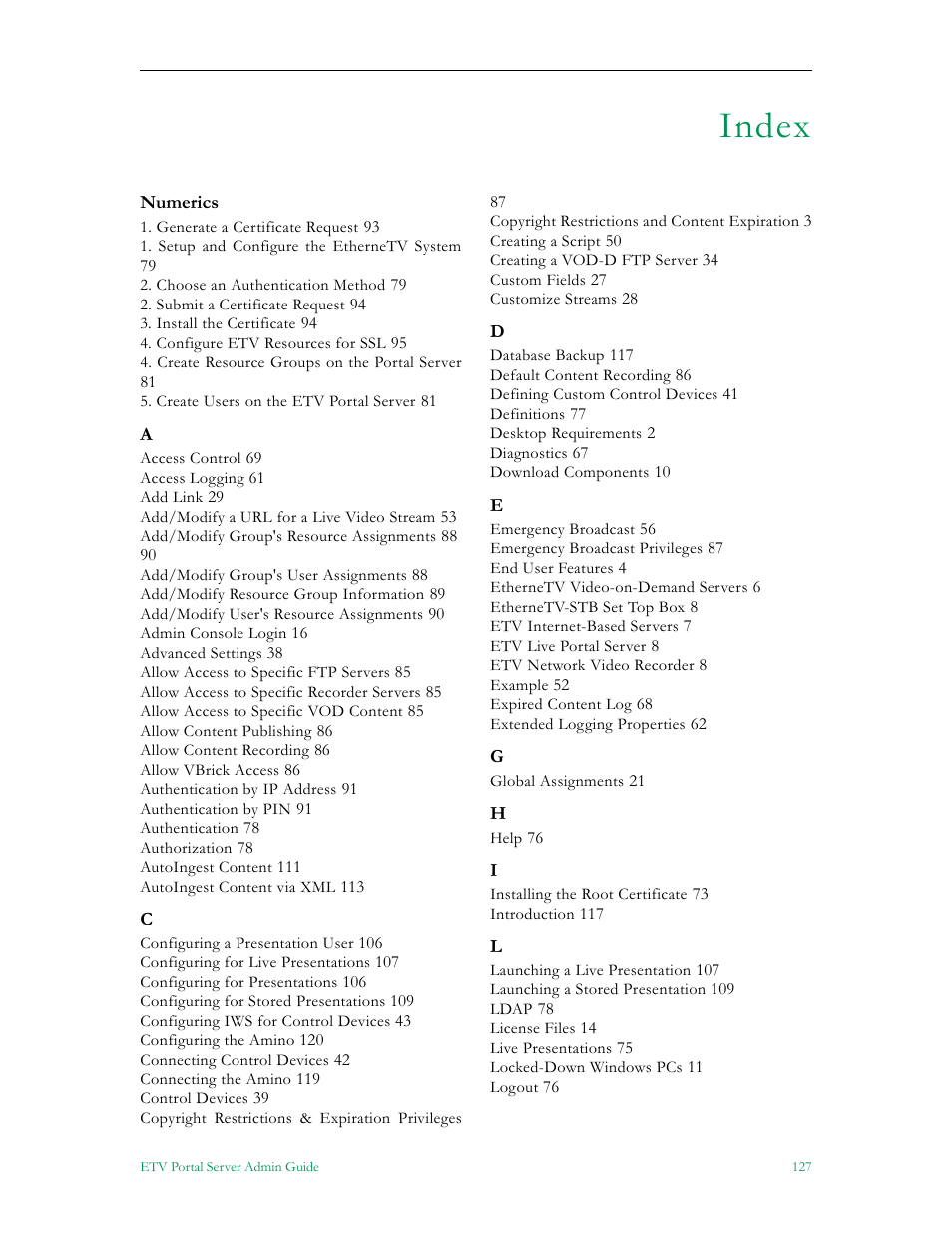 Index | VBrick Systems Portal Server ETV v4.1 User Manual | Page 137 / 140