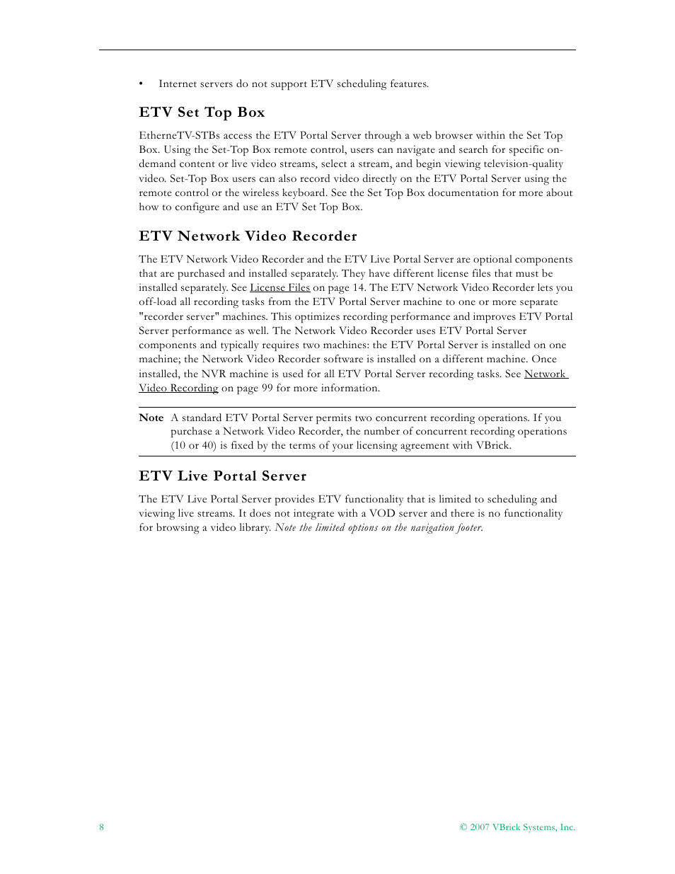 Etv set top box, Etv network video recorder, Etv live portal server | VBrick Systems Portal Server ETV v4.1 User Manual | Page 18 / 140