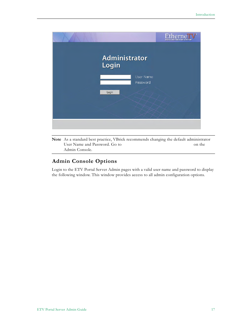 Admin console options | VBrick Systems Portal Server ETV v4.1 User Manual | Page 27 / 140