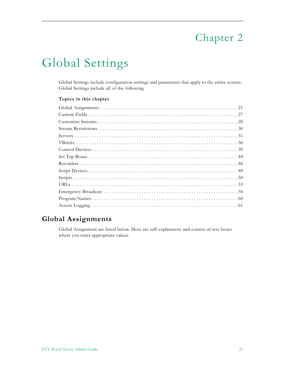 Global settings, Global assignments, In global assignments | Chapter 2 | VBrick Systems Portal Server ETV v4.1 User Manual | Page 31 / 140