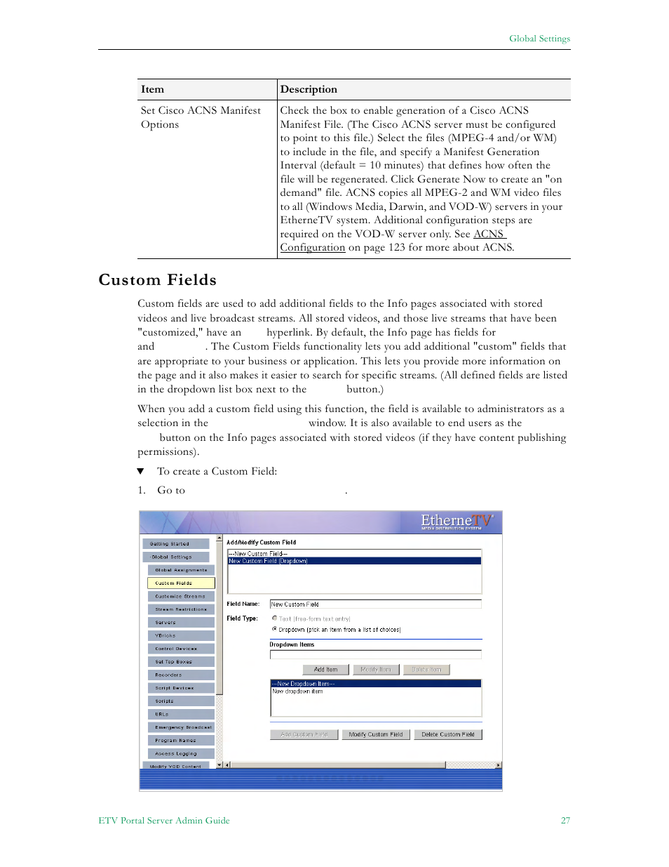 Custom fields | VBrick Systems Portal Server ETV v4.1 User Manual | Page 37 / 140