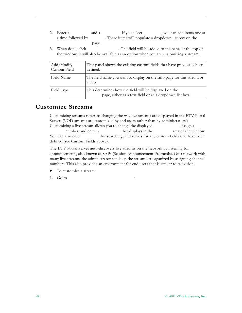 Customize streams | VBrick Systems Portal Server ETV v4.1 User Manual | Page 38 / 140