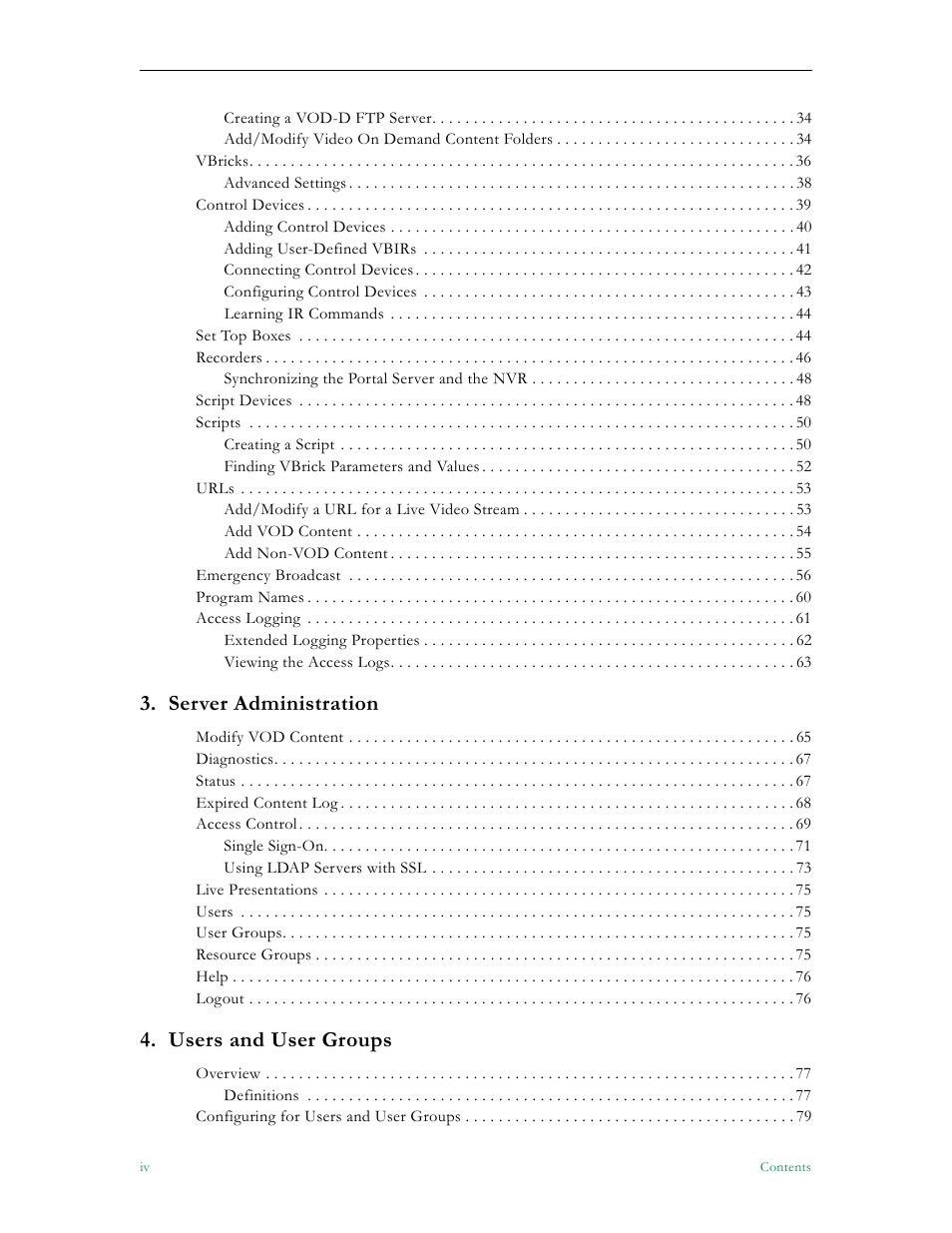 Server administration, Users and user groups | VBrick Systems Portal Server ETV v4.1 User Manual | Page 4 / 140