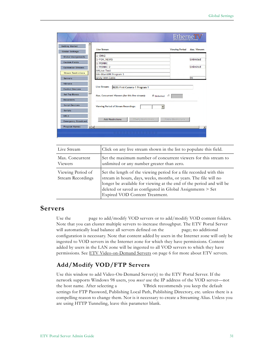 Servers, Add/modify vod/ftp servers | VBrick Systems Portal Server ETV v4.1 User Manual | Page 41 / 140