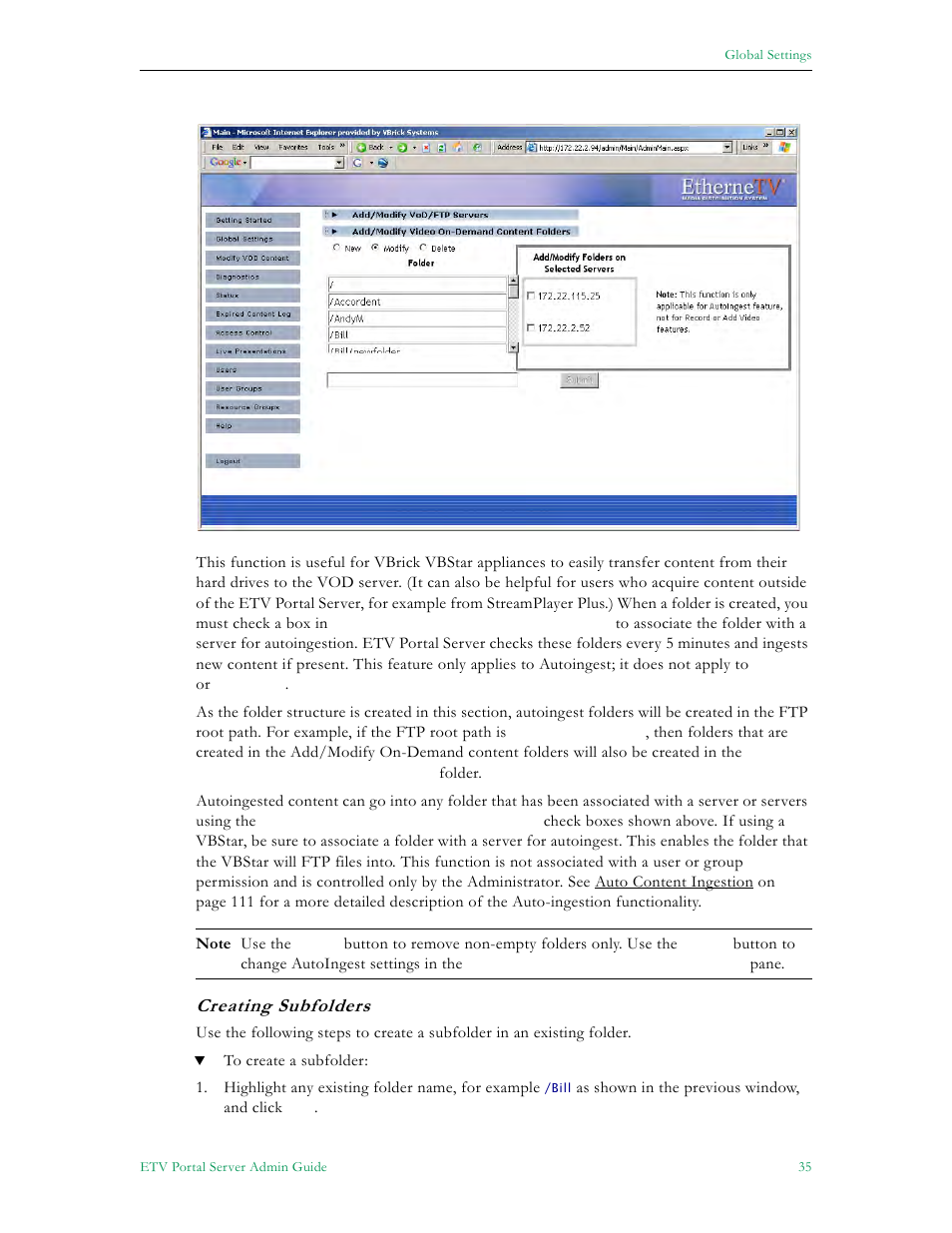 Creating subfolders | VBrick Systems Portal Server ETV v4.1 User Manual | Page 45 / 140