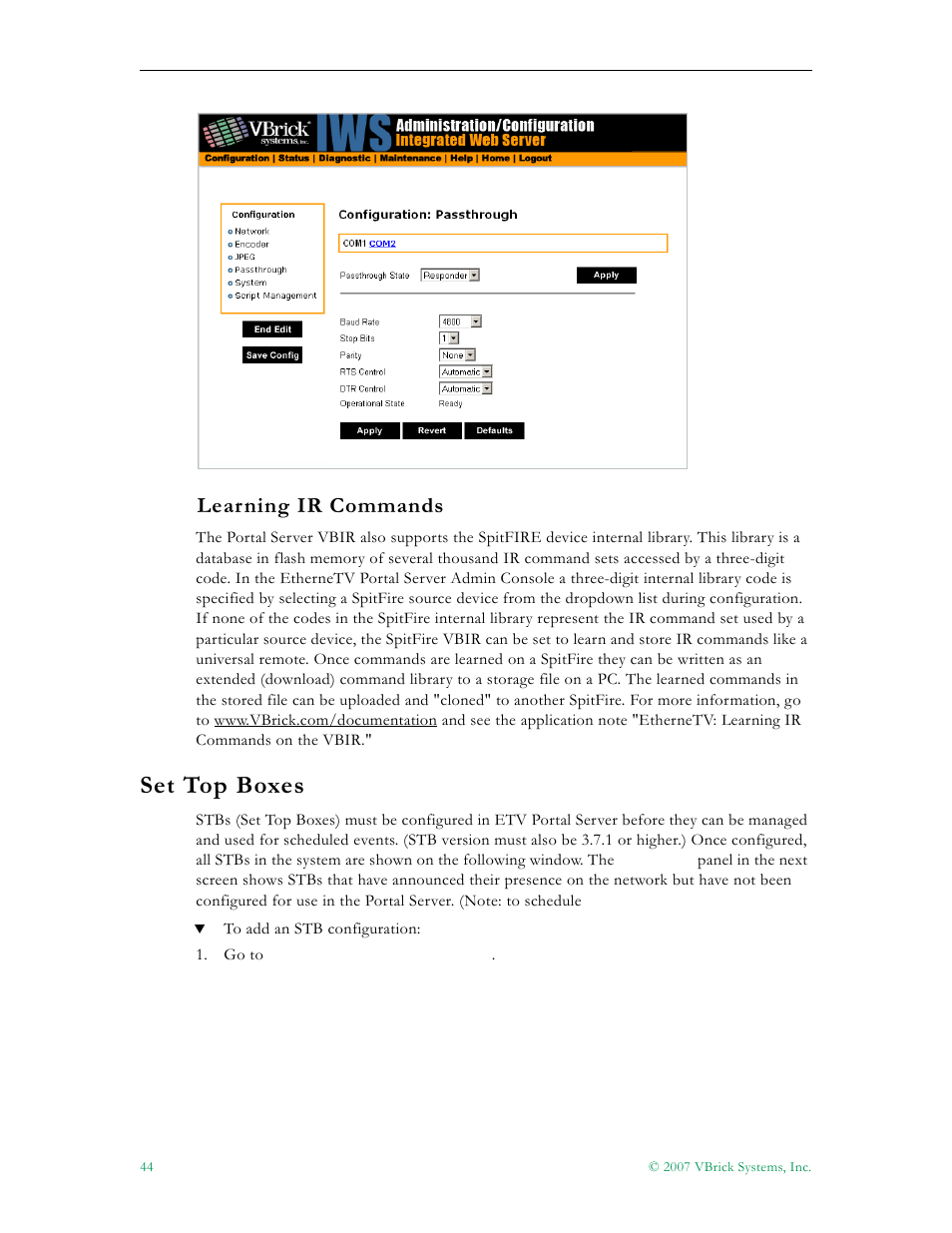 Learning ir commands, Set top boxes | VBrick Systems Portal Server ETV v4.1 User Manual | Page 54 / 140