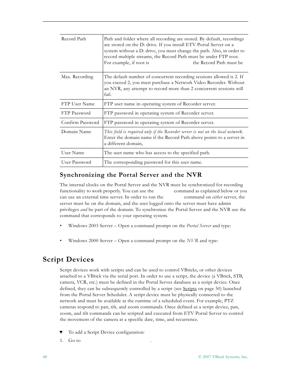 Synchronizing the portal server and the nvr, Script devices | VBrick Systems Portal Server ETV v4.1 User Manual | Page 58 / 140