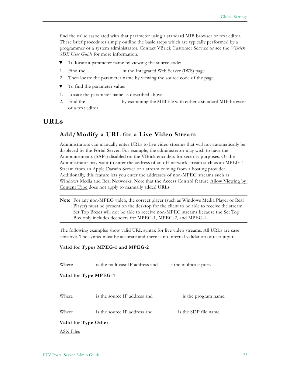 Urls, Add/modify a url for a live video stream | VBrick Systems Portal Server ETV v4.1 User Manual | Page 63 / 140