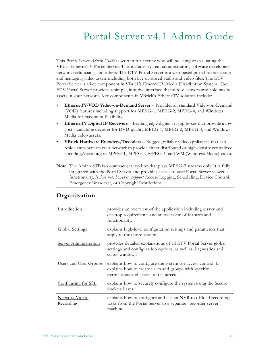 Portal server v4.1 admin guide, Organization | VBrick Systems Portal Server ETV v4.1 User Manual | Page 7 / 140